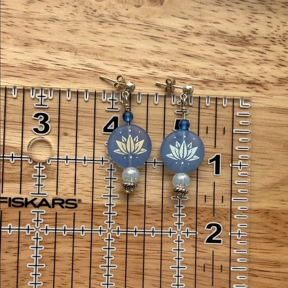 Blue Lotus Flower Dangle Earrings - Picture 3 of 3